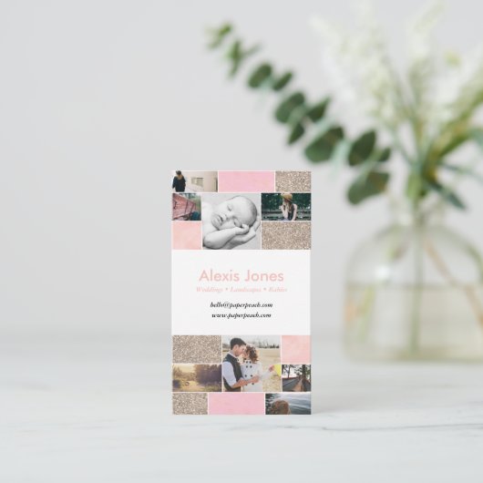 ピンクとグリッターの金ゴールド写真家名刺 名刺 (スタンド正面)