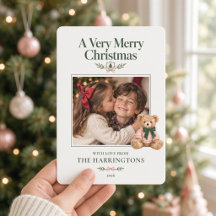 ピンクとグリーンのおしゃれなくまのクリスマスカード