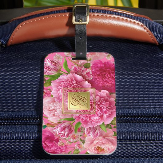 ピンクとグリーンのおしゃれな花のモノグラム付き荷物タグ ラゲッジタグ (正面インサイチュ2)