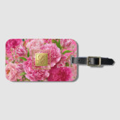 ピンクとグリーンのおしゃれな花のモノグラム付き荷物タグ ラゲッジタグ (正面横)