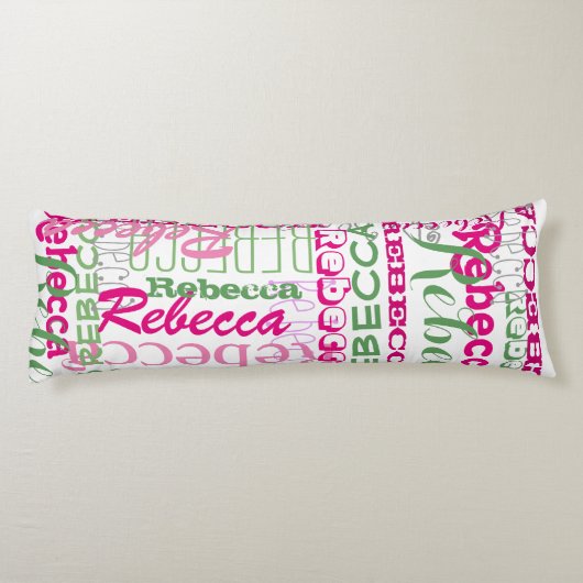 ピンクとグリーンのおもしろい名コラージュのアロバーパターン ボディピロー (裏面)