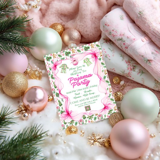 ピンクとグリーンのかわいいクリスマスパジャマパーティー 招待状