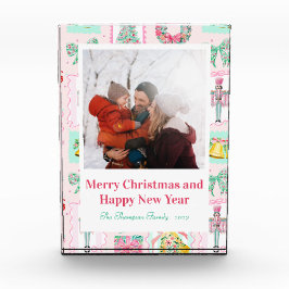 ピンクとグリーンのくるみ割り人形のクリスマスフォトカード カスタム写真入り フォトブロック