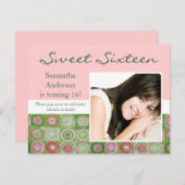 ピンクとグリーンのアートSweet sixteen招待状 招待状 (正面/裏面)
