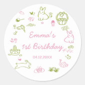 ピンクとグリーンのイースター1歳の誕生日パーティー ラウンドシール (正面)