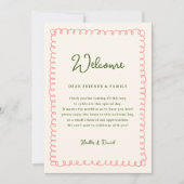 ピンクとグリーンのウェルカムレター タイムライン 旅程 招待状 (正面)