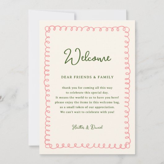 ピンクとグリーンのウェルカムレター タイムライン 旅程 招待状 (正面)