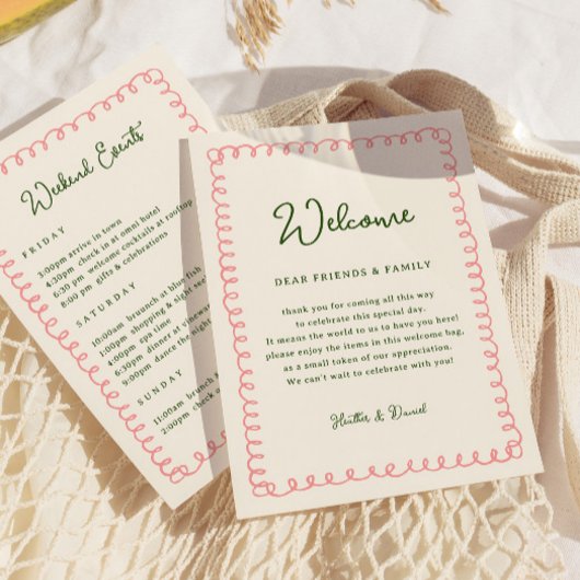 ピンクとグリーンのウェルカムレター タイムライン 旅程 招待状