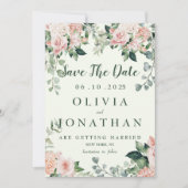 ピンクとグリーンのエレガントな花の水彩画 招待状 (正面)