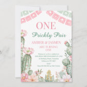 ピンクとグリーンのカクタス　ワンプリッカリーぺア　1歳の誕生日 招待状 (正面)