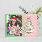 ピンクとグリーンのカスタムフォトクリスマス シーズンカード (スタンド正面)