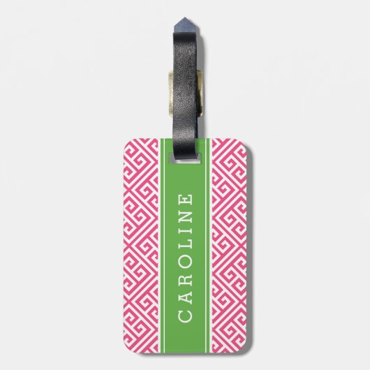 ピンクとグリーンのギリシャ鍵カスタムモノグラム ラゲッジタグ (裏面縦)