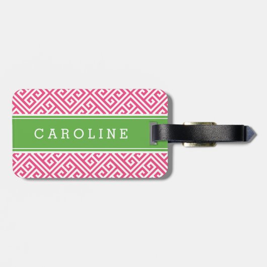 ピンクとグリーンのギリシャ鍵カスタムモノグラム ラゲッジタグ (裏面横)