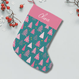 ピンクとグリーンのクリスマスツリーデザイン 名入れ対応 スモールクリスマスストッキング