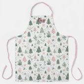 ピンクとグリーンのクリスマスツリーパターン オーダーメイド エプロン (正面)