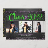 ピンクとグリーンのグリッター写真卒業招待状 招待状 (正面/裏面)