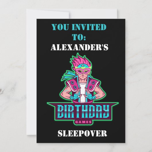 ピンクとグリーンのゲーム・アバターとマスクのスーパーヒーロー少年 招待状 (正面)