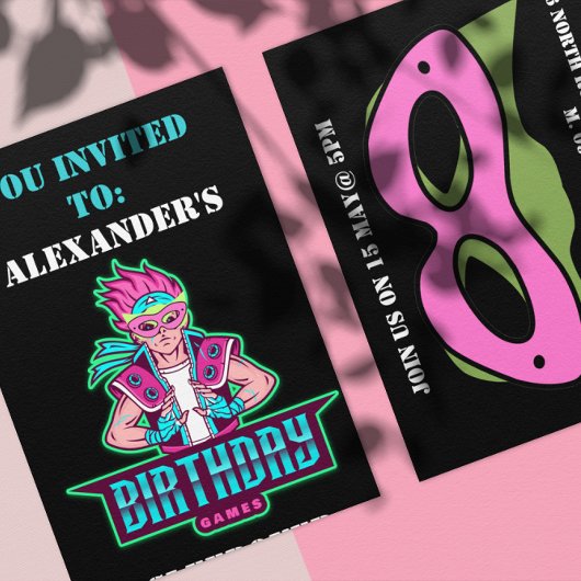 ピンクとグリーンのゲーム・アバターとマスクのスーパーヒーロー少年 招待状