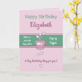 ピンクとグリーンのコーヒー好きの誕生日 カード (黄色い花)