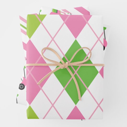 ピンクとグリーンのゴアーガイルルストライプフのギフトラップシート ラッピングペーパーシート (インサイチュ)