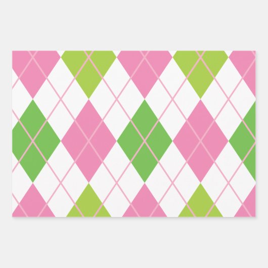 ピンクとグリーンのゴアーガイルルストライプフのギフトラップシート ラッピングペーパーシート (正面)
