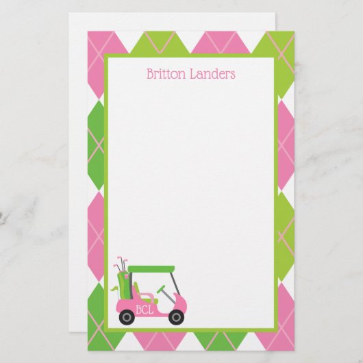 ピンクとグリーンのゴルフパーソナライズされた文具 (正面/裏面)