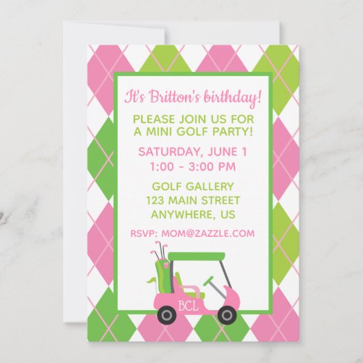 ピンクとグリーンのゴルフパーソナライズパーティー招待状 招待状 (正面)