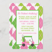 ピンクとグリーンのゴルフパーソナライズパーティー招待状 招待状 (正面/裏面)