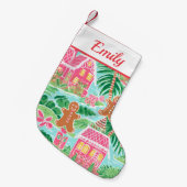 ピンクとグリーンのジンジャーブレッドマン スモールクリスマスストッキング (正面 (吊り時))