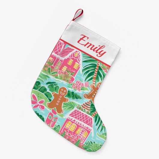 ピンクとグリーンのジンジャーブレッドマン スモールクリスマスストッキング (正面 (吊り時))