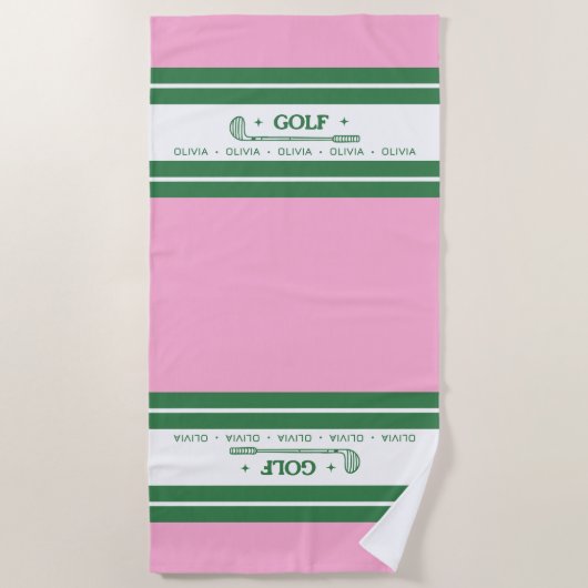 ピンクとグリーンのストライプのレトロパーソナライズされたギフト ビーチタオル (正面)