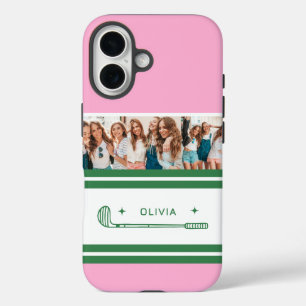 ピンクとグリーンのストライプのレトロパーソナライズされたギフト iPhone 16ケース