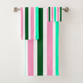 ピンクとグリーンのストライプ バスタオルセット