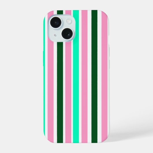 ピンクとグリーンのストライプ iPhone 15ケース (裏面)