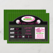 ピンクとグリーンのスポーツサッカースコアボードベイビーシャワー 招待状 (正面/裏面)