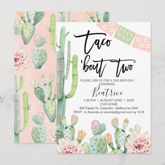 ピンクとグリーンのタコ・アバウト・ツー 2歳の誕生日招待状 招待状 (正面/裏面)