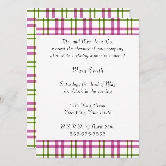ピンクとグリーンのタータンチェック 招待状 (正面/裏面)