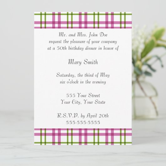 ピンクとグリーンのタータンチェック 招待状 (スタンド正面)