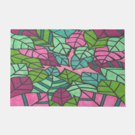 ピンクとグリーンのトロピカルパーム葉 ドアマット