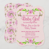 ピンクとグリーンのノスタルジックな花のフラットカード 招待状 (正面/裏面)