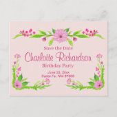 ピンクとグリーンのノスタルジックな花のポストカード 案内ポストカード (正面)
