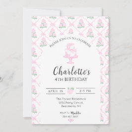 ピンクとグリーンのハイドランジア トレリスとリボン 招待状