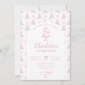 ピンクとグリーンのハイドランジア トレリスとリボン 招待状 (正面)