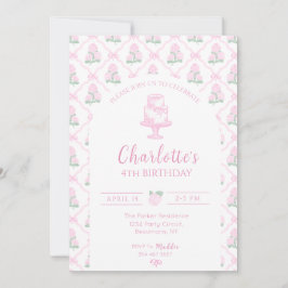 ピンクとグリーンのハイドランジア トレリスとリボン 招待状