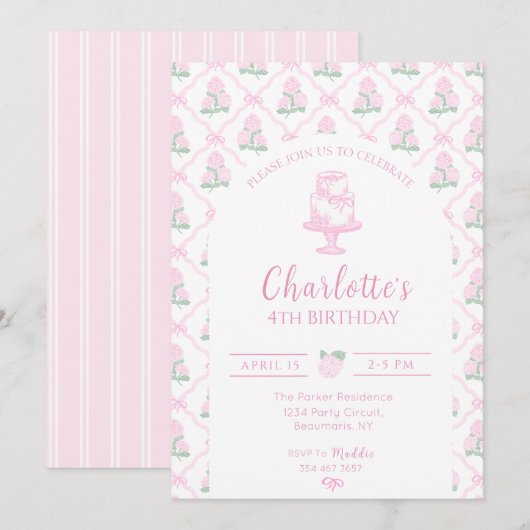 ピンクとグリーンのハイドランジア トレリスとリボン 招待状 (正面/裏面)