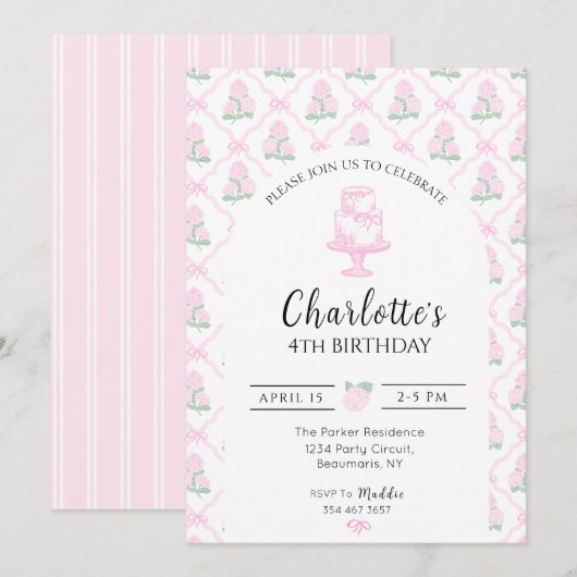 ピンクとグリーンのハイドランジア トレリス リボン付き 招待状 (正面/裏面)