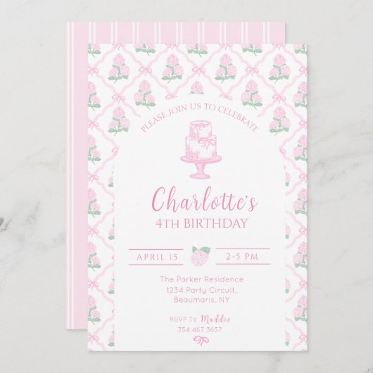 ピンクとグリーンのハイドランジア トレリス リボン付き 招待状 (正面/裏面)