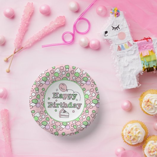 ピンクとグリーンのハッピーバースデー ペーパーボウル (パーティー)