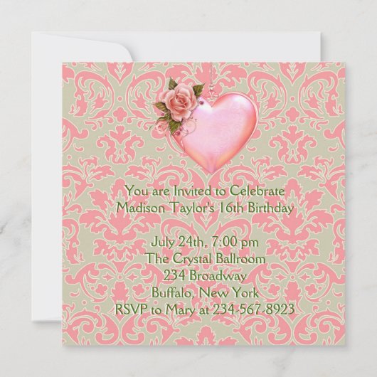ピンクとグリーンのハートフルなスイート16の誕生日パーティー 招待状 (裏面)