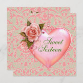 ピンクとグリーンのハート甘い16誕生日パーティー 招待状 (正面/裏面)